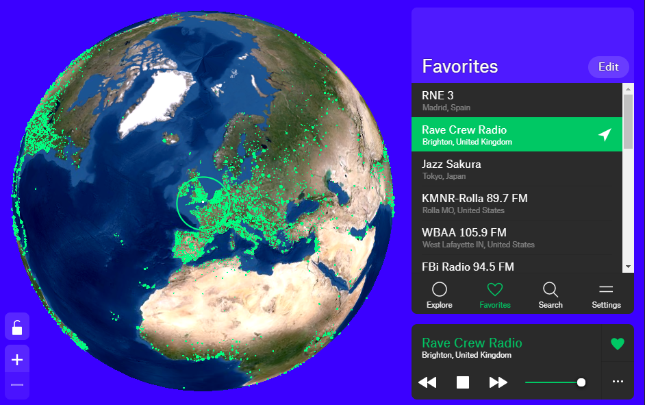 Radio.garden view centered on Europe